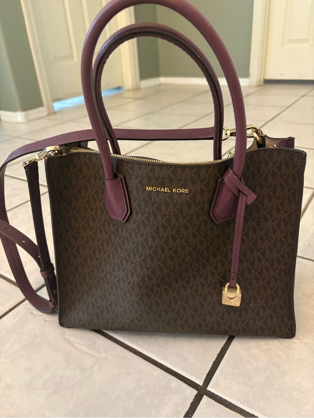 Michael Kors Brown Logo Satchel with Plum Trim